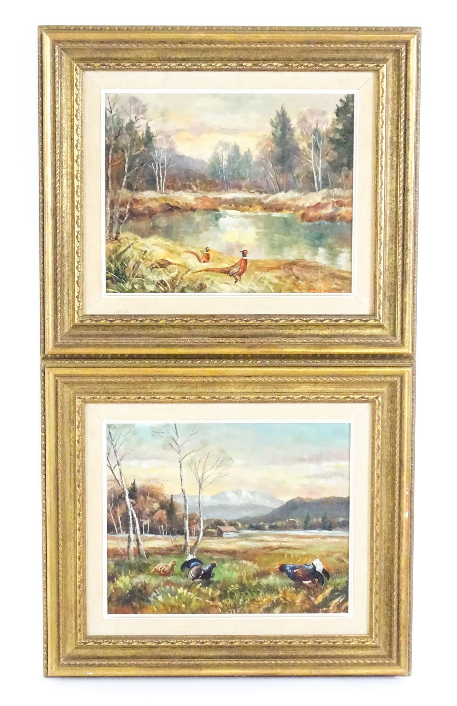 P. Biemuller, 20th century, Oil on board, A pair, A wooded river landscape with pheasants, and A: P. Biemuller, 20th century, Oil on board, A pair, A wooded river landscape with pheasants, and A landscape with capercaillie birds and mountains beyond. Both signed lower right. Approx. 9" x 11 1/4" (
