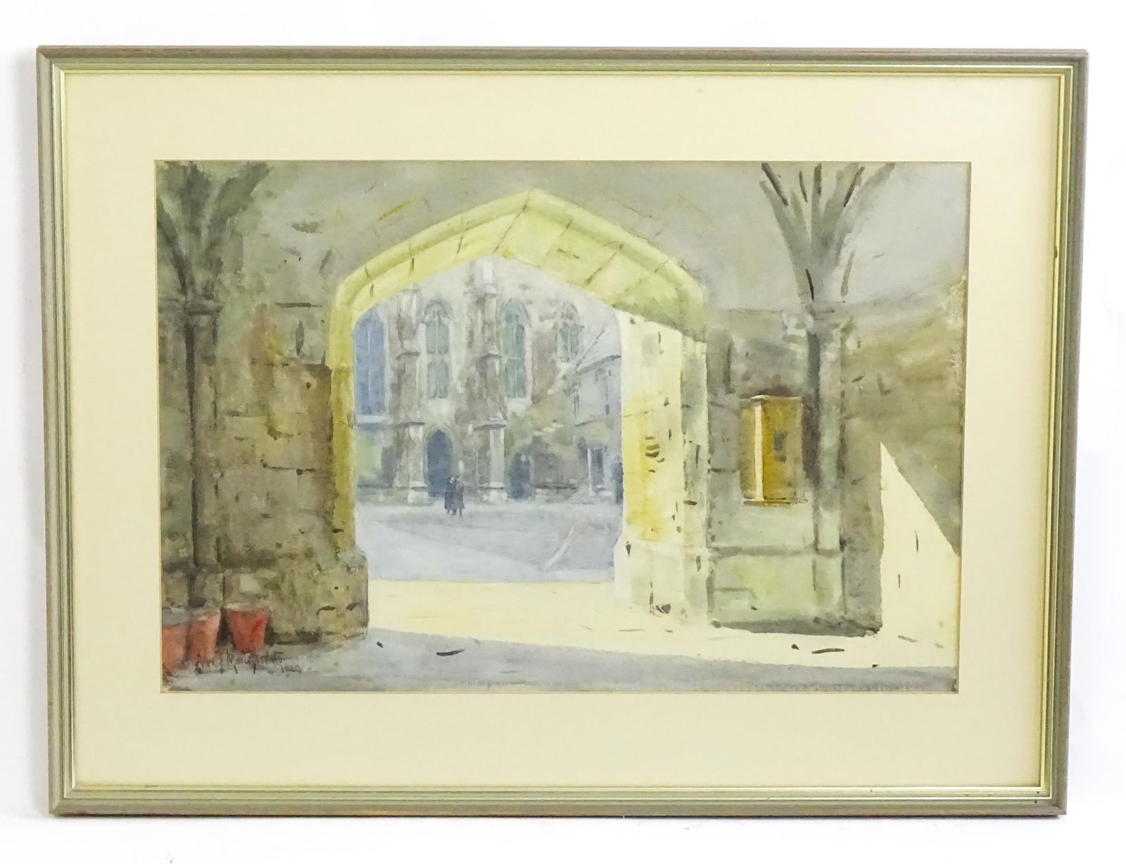 Alexander James Mavrogordato (1869-1947), Watercolour, A college courtyard from an archway. Signed: Alexander James Mavrogordato (1869-1947), Watercolour, A college courtyard from an archway. Signed and dated 1924 lower right. Approx. 14" x 20 3/4" Please Note - we do not make reference to the condi