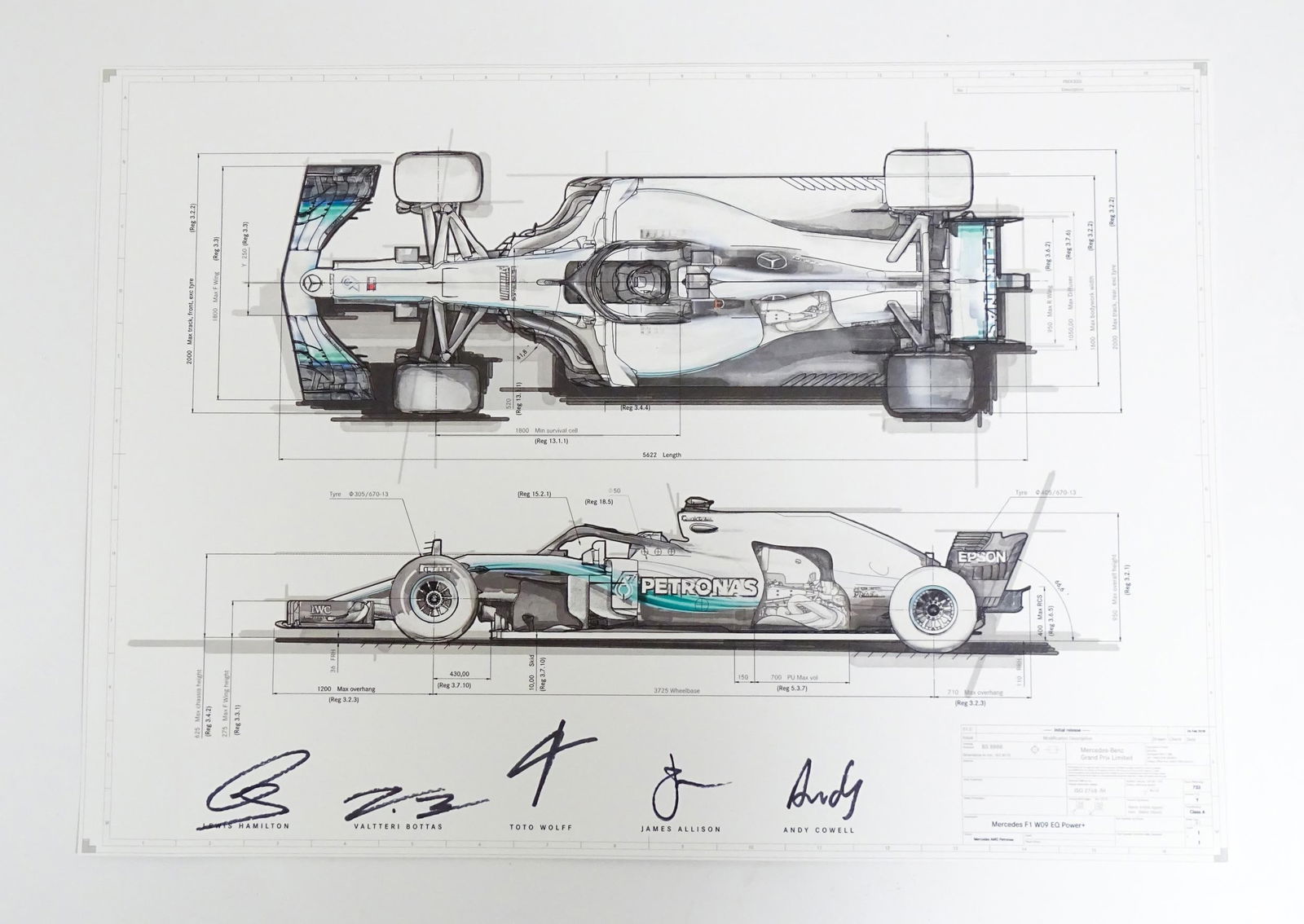 A 2018 print signed by F1 drivers and team, depicting a technical drawing for Merced (1 of 5)