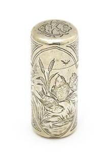 A Victorian silver scent bottle case with engraved bird and bullrush decoration, hallmarked London: A Victorian silver scent bottle case with engraved bird and bullrush decoration, hallmarked London 1888, maker Sampson Mordan & Co. Approx. 2 1/4" highPlease Note - we do not make reference to the con