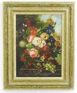 Manner of Emilio Greco, 20th century, Oil on panel, A still life study with flowers in bloom in a: Manner of Emilio Greco, 20th century, Oil on panel, A still life study with flowers in bloom in a glass vase on a marble ledge. Approx. 15 3/4" x 11 1/4"Please Note - we do not make reference to the c