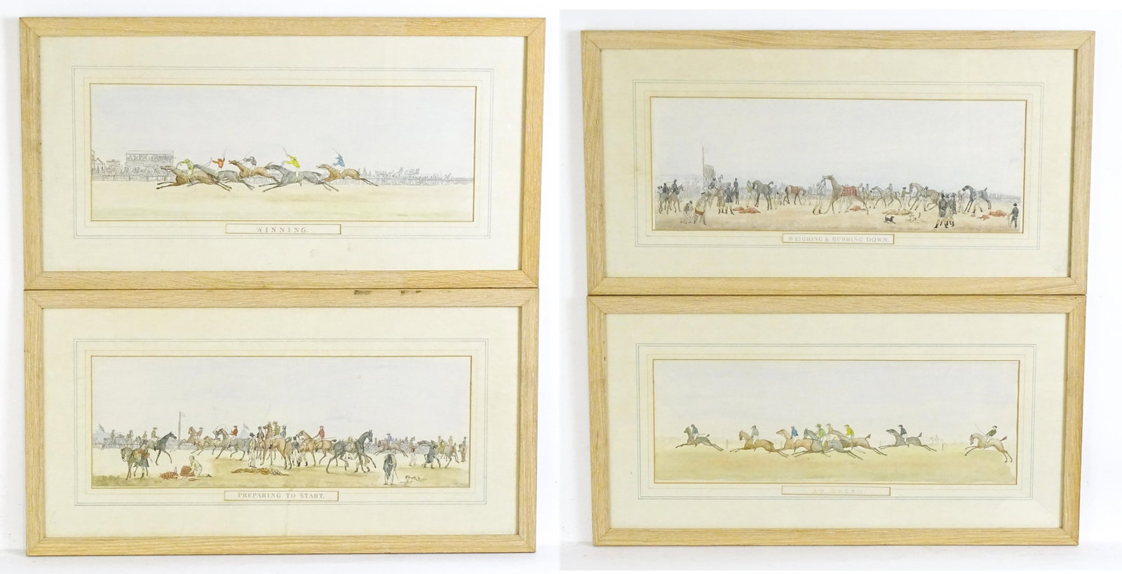 After Henry Thomas Alken, 19th century, Coloured Etchings, Preparing to Start, At Speed, Winning &: After Henry Thomas Alken, 19th century, Coloured Etchings, Preparing to Start, At Speed, Winning & Weighing & Rubbing Down. Each titled under. Approx. 7 1/2" x 21 1/2" (4)Please Note - we do not make