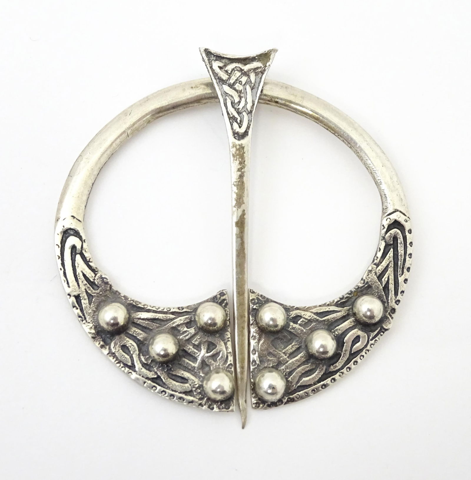 A Scottish silver penannular brooch / pin with Celtic decoration.  Hallmarked  Glasgow 1941 maker (1 of 8)