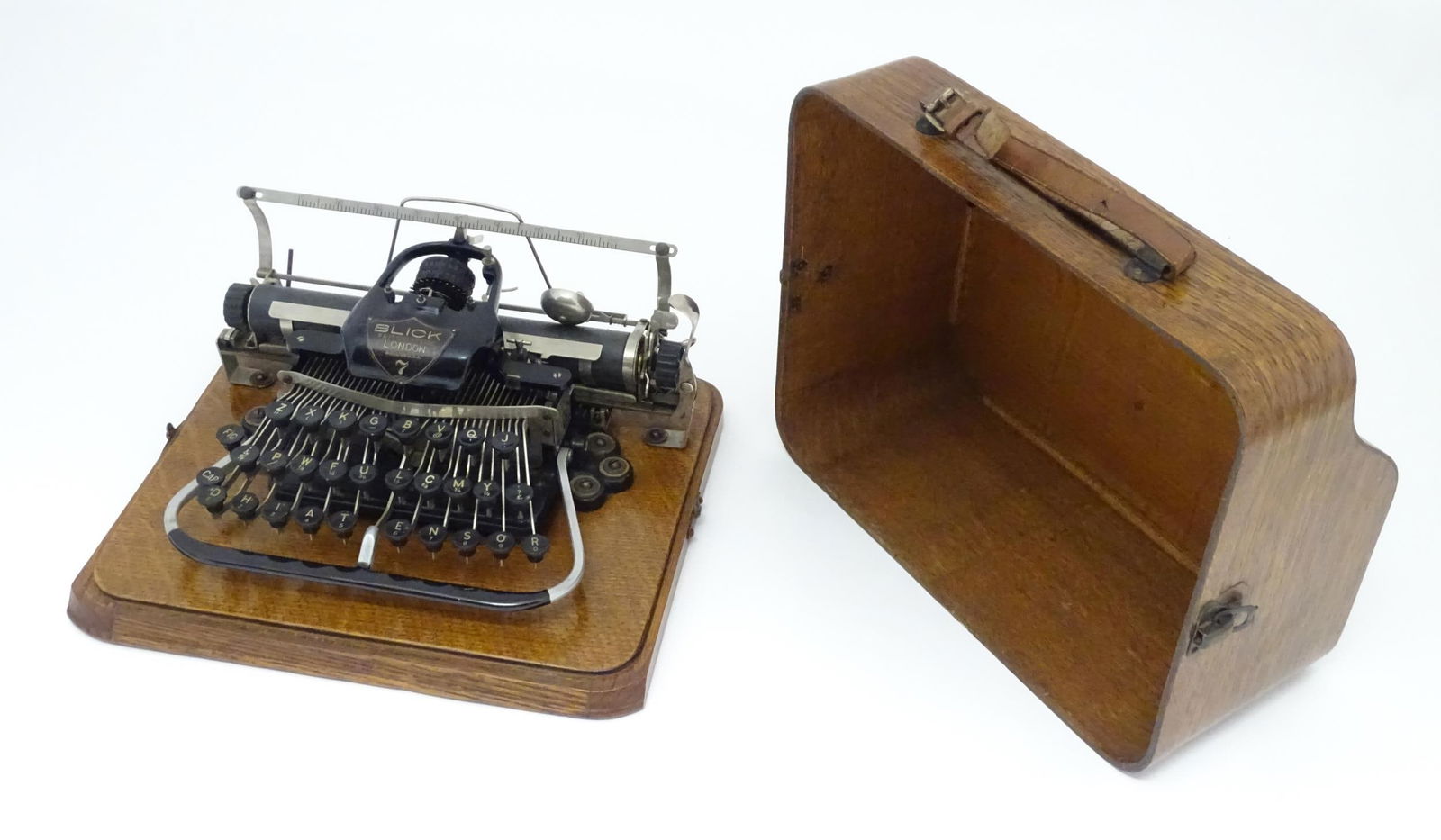 An American Blickensderfer Blick no. 7 typewriter,  within original oak case. Case approx. 13" wide (1 of 9)