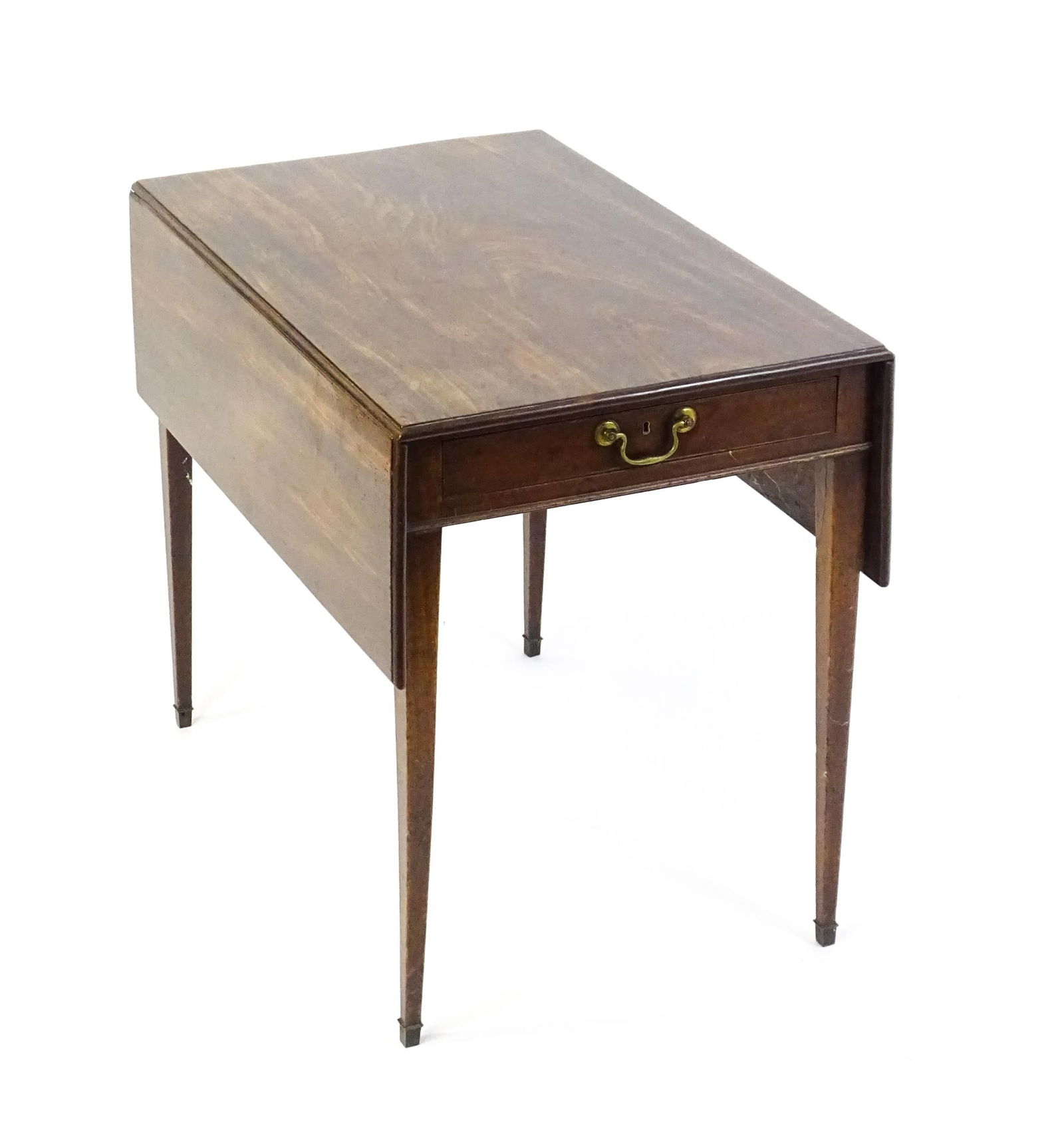 A late 18thC mahogany Pembroke table with a single drawer to one end and raised on four tapering: A late 18thC mahogany Pembroke table with a single drawer to one end and raised on four tapering legs. 32" wide x 21" deep x 27 1/2" high. Please Note - we do not make reference to the condition of lo