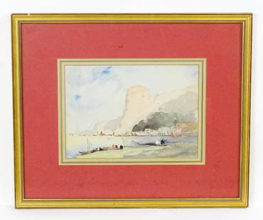 Hercules Brabazon Brabazon (1821-1906), Watercolour, An Italian coastal scene with figures and: Hercules Brabazon Brabazon (1821-1906), Watercolour, An Italian coastal scene with figures and boats. Signed with initials lower right and ascribed Sorrento to reverse. Bears Rowley Gallery label vers