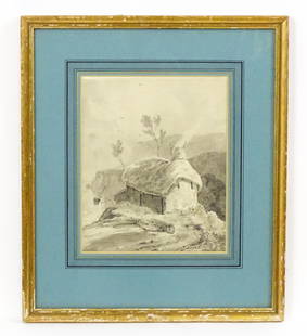 Manner of Paul Sandby Munn, 19th century, Watercolour wash, Undercliff, Isle of Wight, A coastal: Manner of Paul Sandby Munn, 19th century, Watercolour wash, Undercliff, Isle of Wight, A coastal scene with a thatched cottage. Ascribed verso. Approx. 8 1/2" x 7" Please Note - we do not make referen