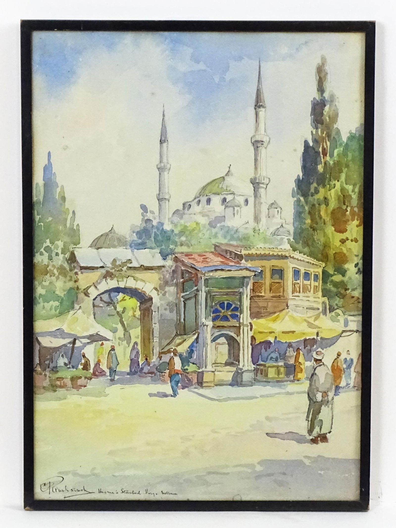 Jozef Pawlikiewicz (1864-1955), Watercolour, An Istanbul street scene with figures and a mosque (1 of 4)