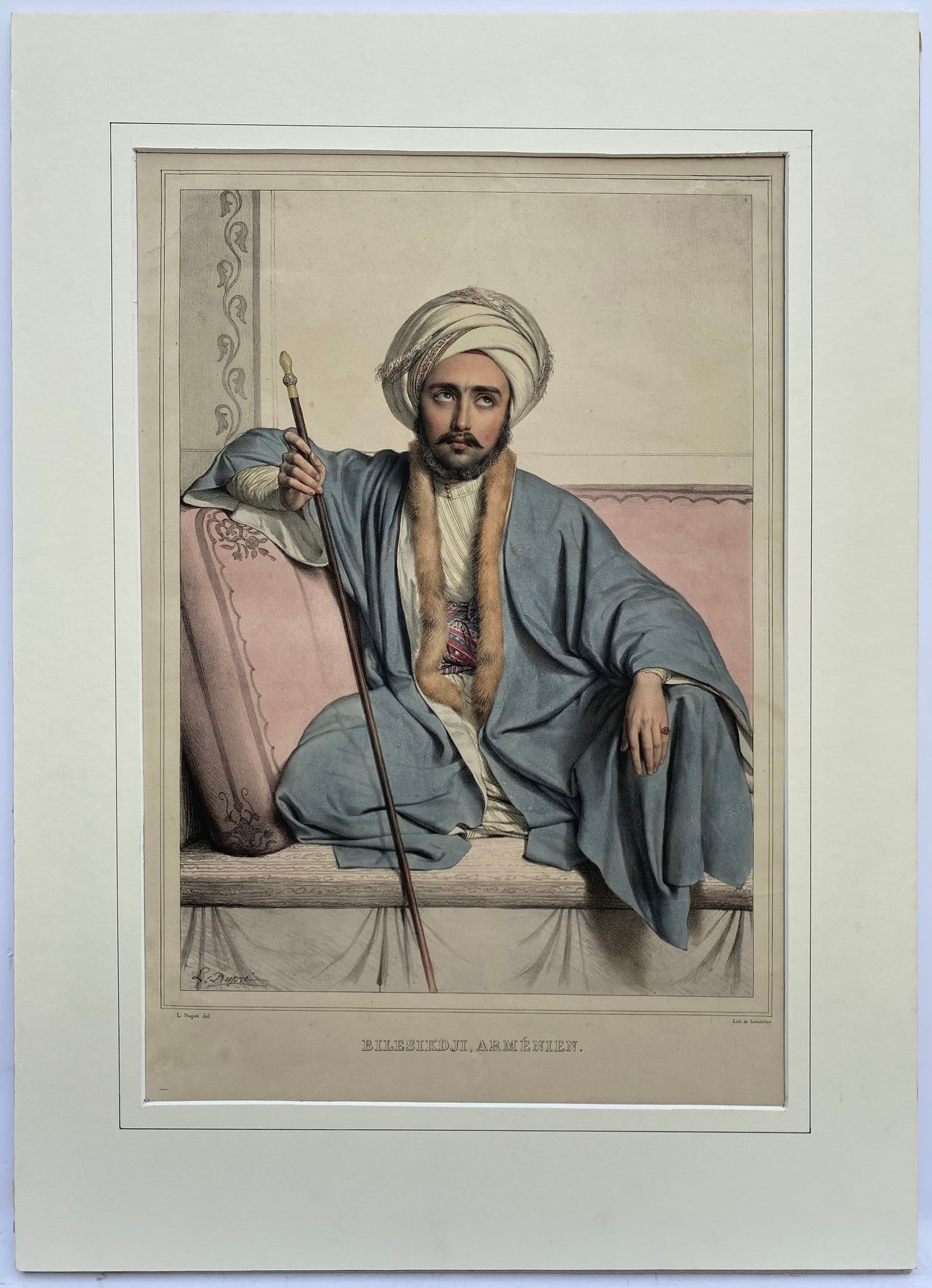 Louis Dupre (1789-1837), Original lithograph hand coloured with watercolour, Titled Bilesikdji: Louis Dupre (1789-1837), Original lithograph hand coloured with watercolour, Titled Bilesikdji Armenien / Armenian Goldsmith, the sitter is believed to be the renown jeweller Pascal Artine Chelebi, de