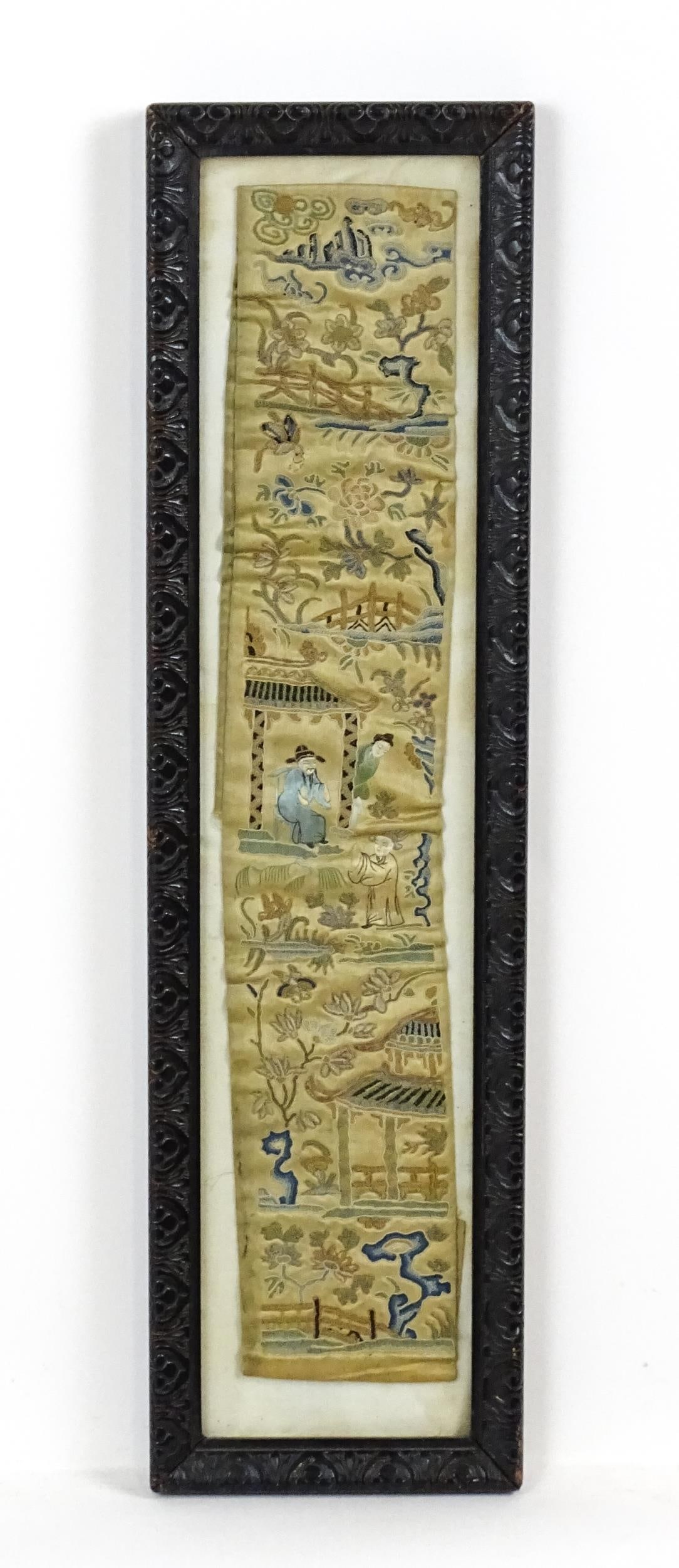 A Chinese needlework embroidery depicting figures, birds, landscapes, taihu rocks, pagoda style (1 of 6)