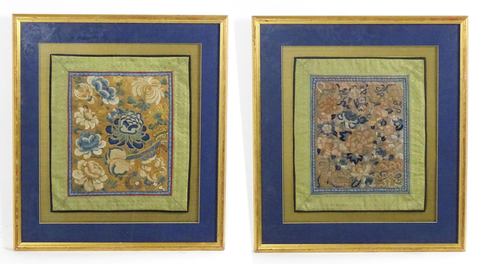 Two Chinese silk embroidery panels decorated with flowers and foliage, one also embroidered with (1 of 5)