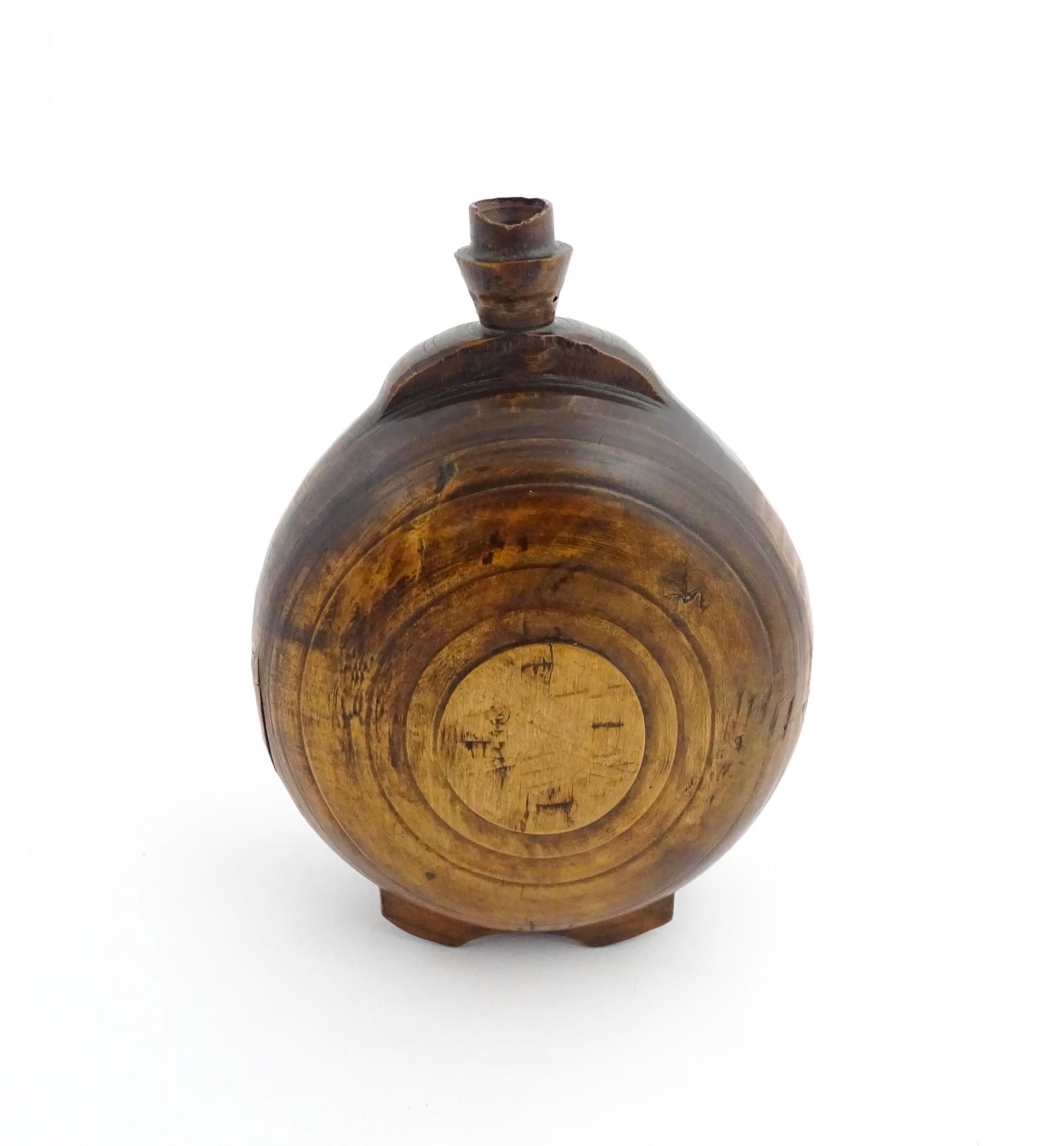 Treen : A 19thC Scottish turned wooden water flask. Approx. 9 1/2" high Please Note - we do not: Treen : A 19thC Scottish turned wooden water flask. Approx. 9 1/2" high Please Note - we do not make reference to the condition of lots within descriptions. We are however happy to provide additional