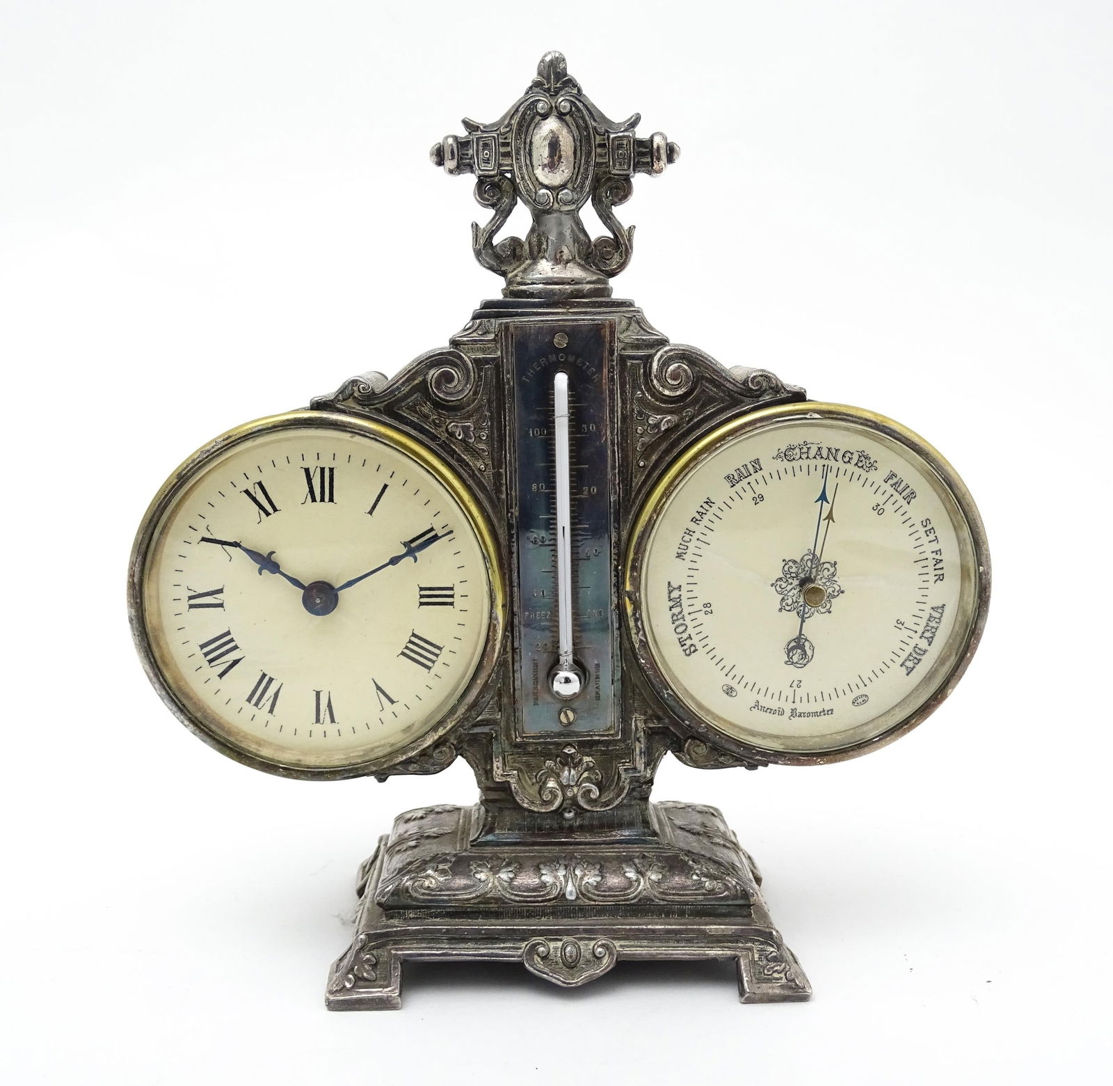 A late 19th / early 20thC clock, barometer and thermometer mounted as one. Approx. 9 3/4" high (1 of 13)