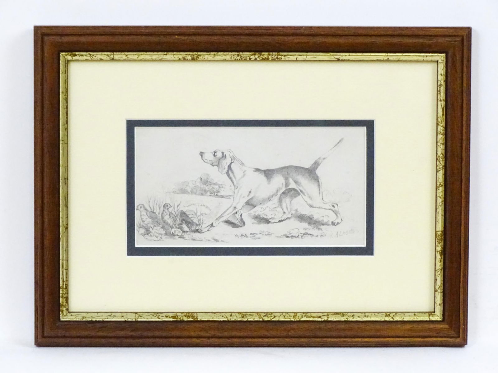 Manner of Henry Thomas Alken, Pencil sketch, A study of a gundog / hound and partridge birds in a: Manner of Henry Thomas Alken, Pencil sketch, A study of a gundog / hound and partridge birds in a landscape. Signed H. Alken lower right. Approx. 3 1/4" x 6 1/4" Please Note - we do not make reference