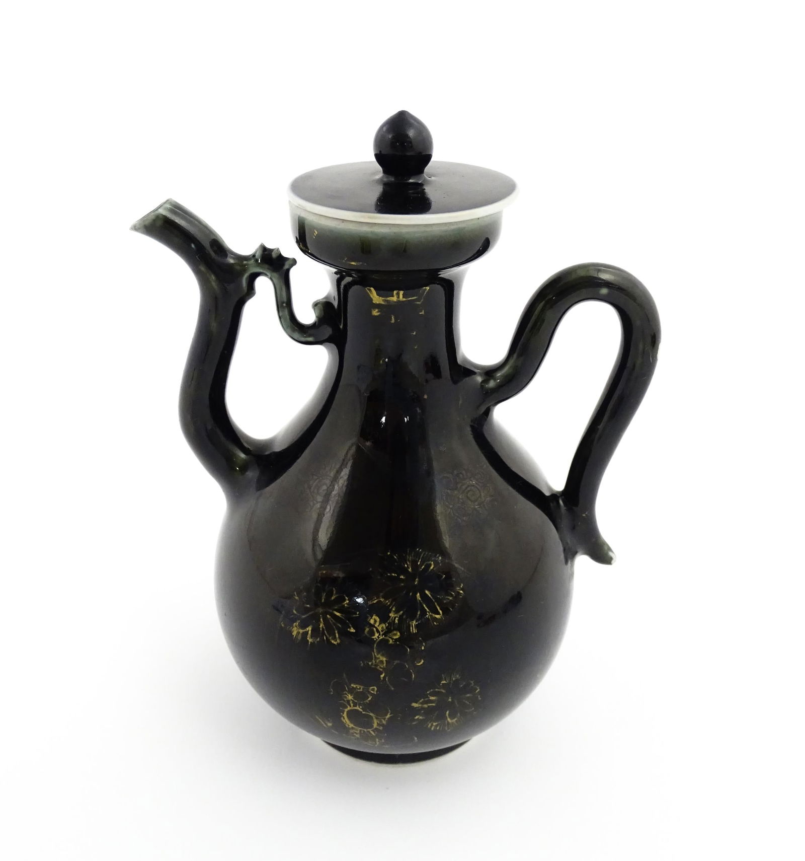 A Chinese lidded ewer of pear shaped form with curving spout with S shaped bridge to body. Approx. 7 (1 of 8)
