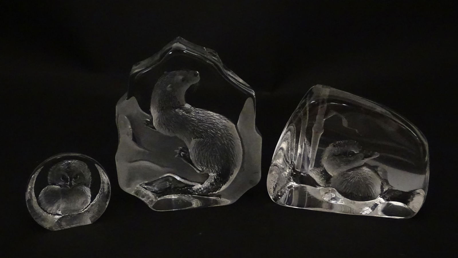Three Swedish Mats Jonassen glass animal paperweights comprising duckling, otter and owl. Largest (1 of 9)