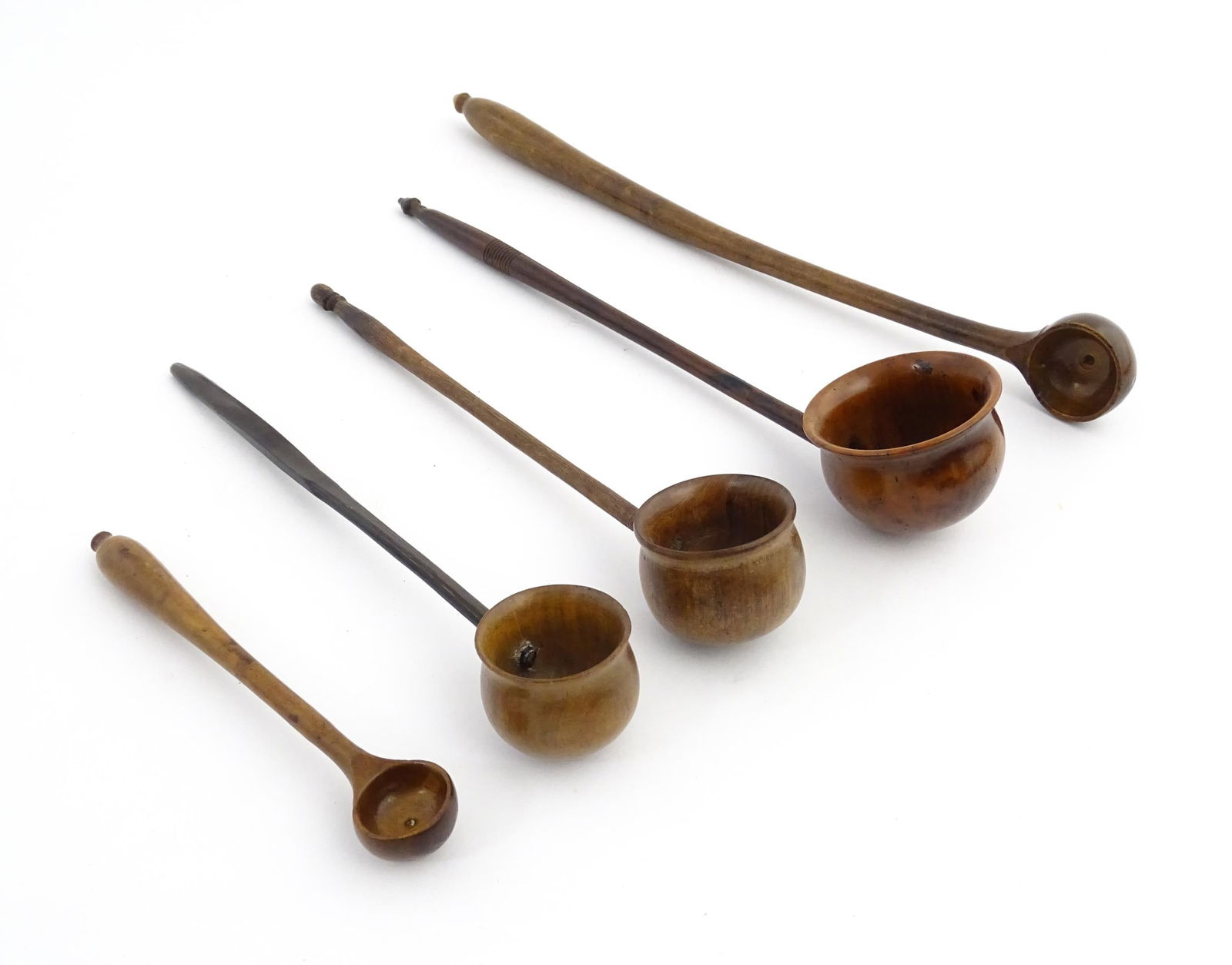 Treen : Five assorted treen cordial spoons / ladles, etc. Largest approx. 10" long (5) (1 of 7)