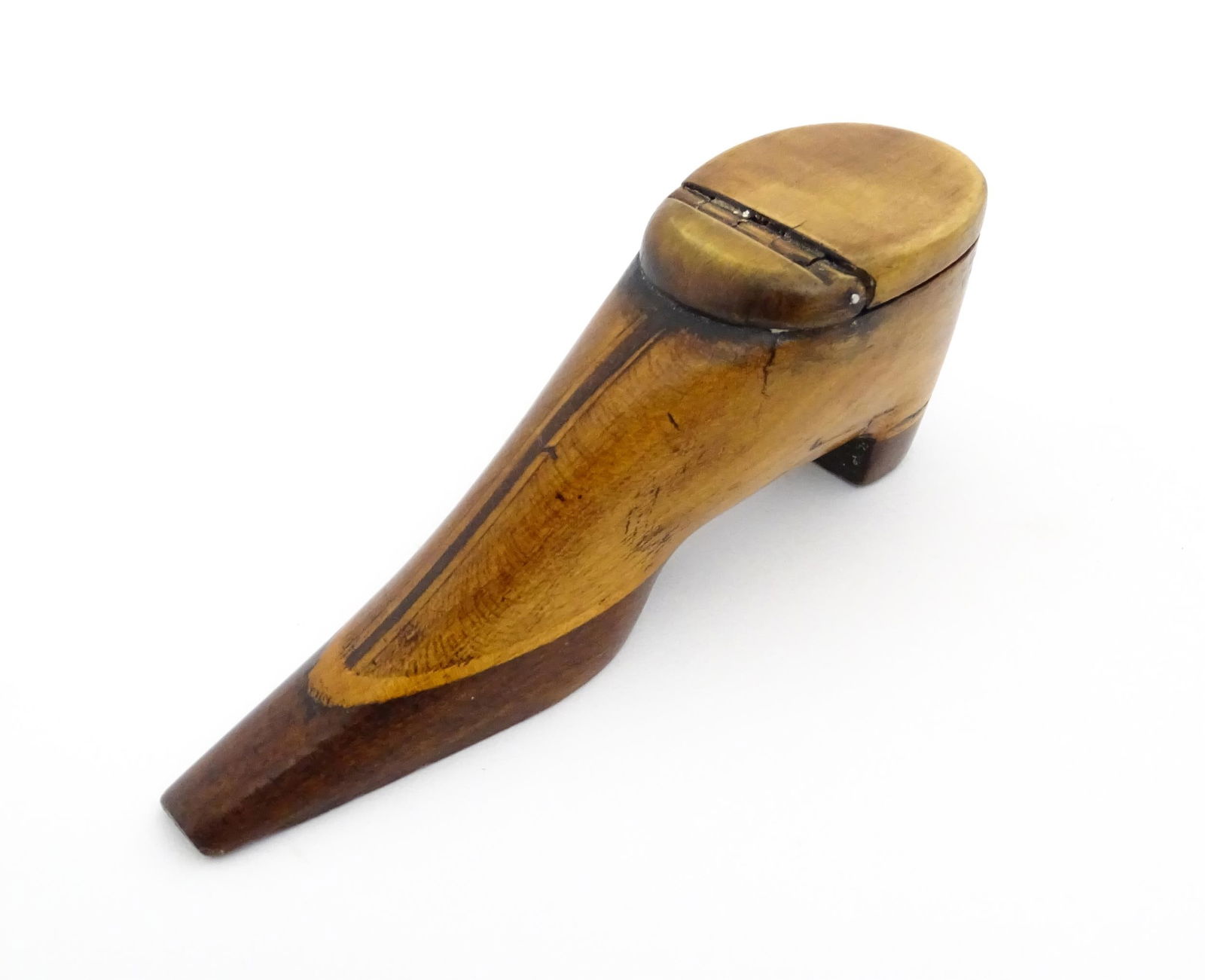 Treen : A 19thC shoe snuff box of slender form with hinged lid and inlaid detail. Approx. 4" long (1 of 9)