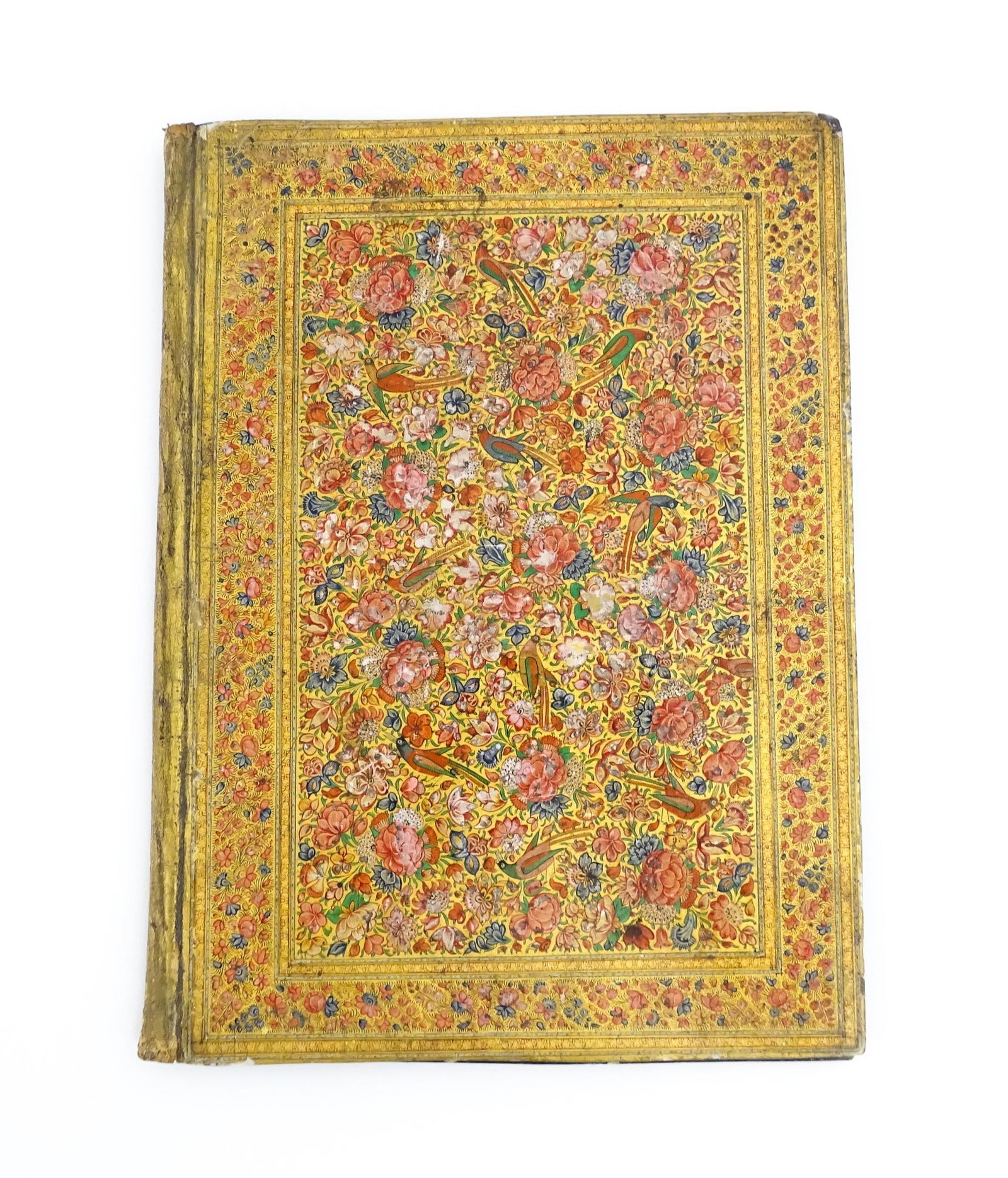 An Indian / Kashmiri blotter with hand painted decoration depicting flowers and birds. Approx. 13" x (1 of 6)