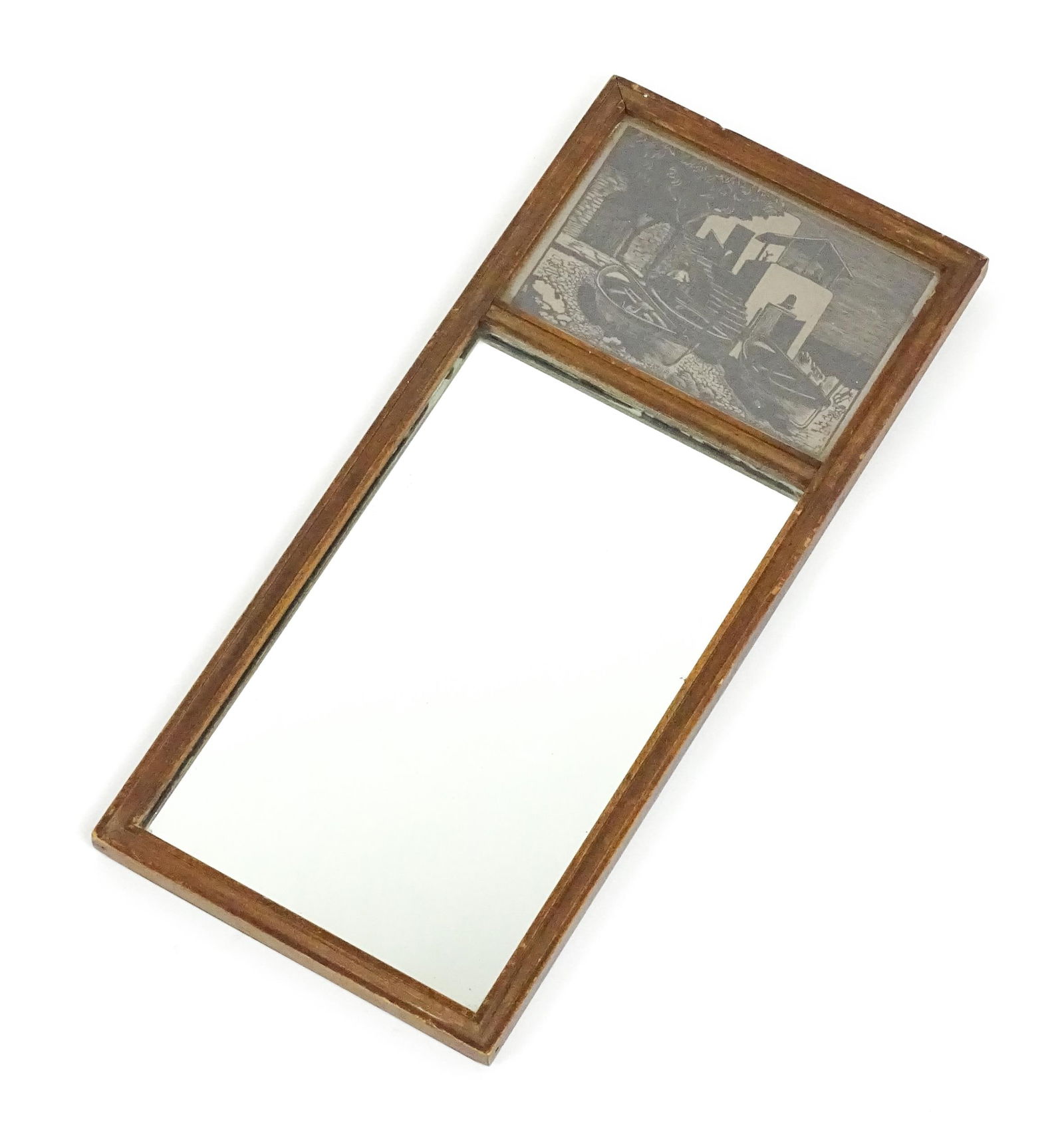 A Rowley gallery style mirror with a printed panel above a rectangular glass. 15" high x 7" wide. (1 of 5)