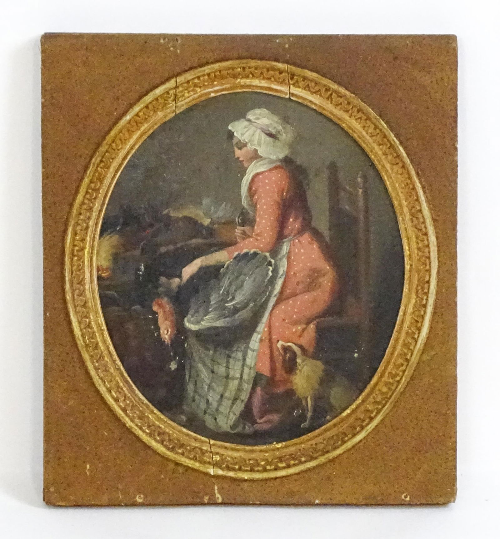 Manner of James Ward (1769-1859), 19th century, Oil on board, An interior scene with a woman: Manner of James Ward (1769-1859), 19th century, Oil on board, An interior scene with a woman preparing game birds, with a dog at her side. Ascribed verso. Approx. 8 3/4" x 7 3/4"Please Note - we do no