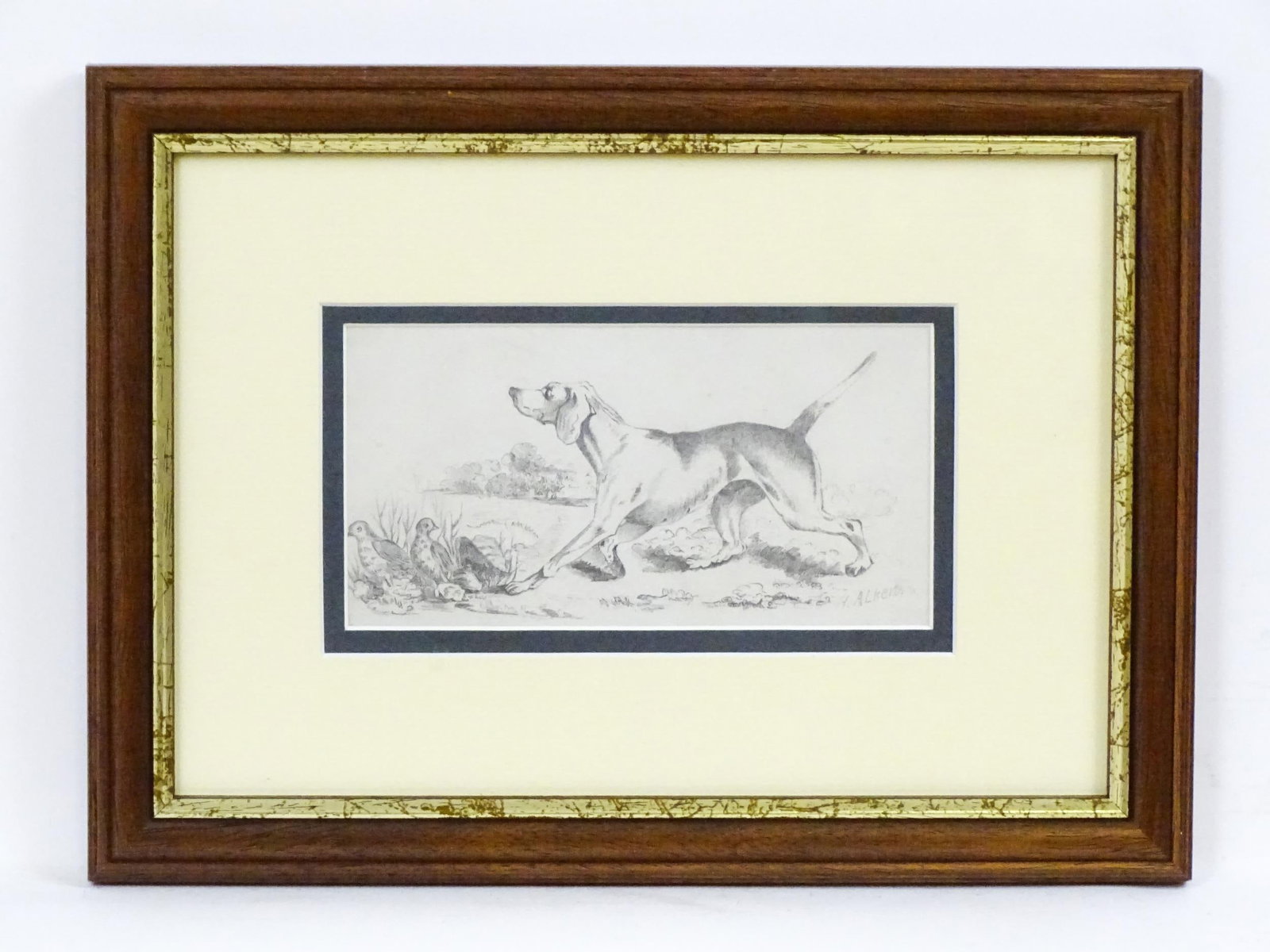 Manner of Henry Thomas Alken, Pencil sketch, A study of a gundog / hound and partridge birds in a: Manner of Henry Thomas Alken, Pencil sketch, A study of a gundog / hound and partridge birds in a landscape. Signed H. Alken lower right. Approx. 3 1/4" x 6 1/4"Please Note - we do not make reference