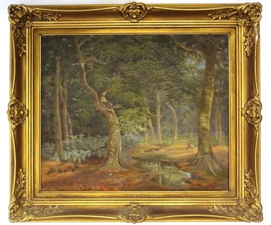 Mary C. Hennell (XIX) Oil on canvas ' Beech Wood, Be: Mary C. Hennell (XIX) Oil on canvas ' Beech Wood, Beaconsfield, Bucks' Signed lower right, artist's label verso 20 x 24"