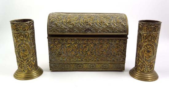 A Victorian embossed brass stationary box and 2 ma: A Victorian embossed brass stationary box and 2 matching spill holders. The box approximately 6" high