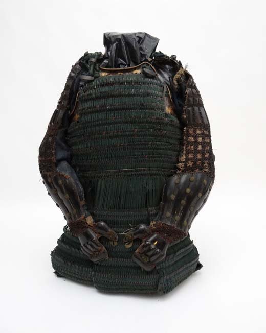 18thC Japanese Samurai Armour : comprising of a fi: 18thC Japanese Samurai Armour : comprising of a fine True Kabiki Odoshi green silk laced Do with gilt lacquered Natual / Flower Mon Wisteria like to top of front and back , one piece Kote and Tekko, w