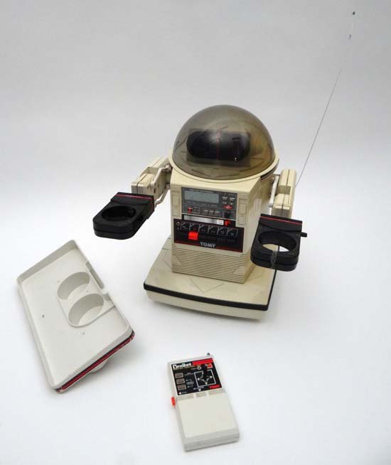 Vintage Retro : Tomy Omnibot Mark I , a mid 1980's : Vintage Retro : Tomy Omnibot Mark I , a mid 1980's original robot with tray and ' Omnibot Master Control Unit' ( Remote Control), has white, red and black livery with black hand sections, and tape uni