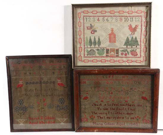 Family Samplers : 3 needlework samplers by members: Family Samplers : 3 needlework samplers by members of the same family, '. Sarah Gibbins 1836' , ' Maria Gibbins 1840' and another , the largest 11 1/2 x 15 1/2"