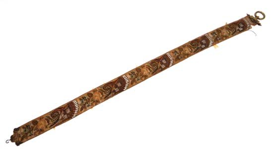 Vintage Retro : A Victorian / Edwardian Butler Bel: Vintage Retro : A Victorian / Edwardian Butler Bell Pull with gilt brass ends and Mother of Pearl, brass and wool needlework decoration with silk backing Approximately 80" long