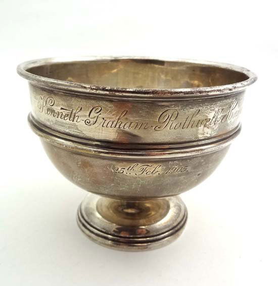 A HM silver pedestal trophy bowl engraved ' Kennet: A HM silver pedestal trophy bowl engraved ' Kenneth Graham Rothwell Haslam 25th Feb 1905 '. London 1904 maker Charles Stuart Harris 4 1/4" diameter (120 g)