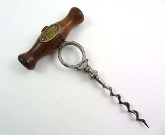 Most unusual corkscrew, the wooden handle fitted w: Most unusual corkscrew, the wooden handle fitted with a brass plaque stating " from old Crowne house Deritend built 1400 ". Impressed on the blade above the helix ' R Jones ' . 6 1/2" long ( Crowne Ho
