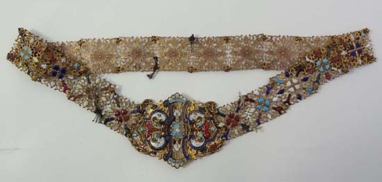 A 19thC gilt metal and polychrome enamel decorated belt: A 19thC gilt metal and polychrome enamel decorated belt and buckle
