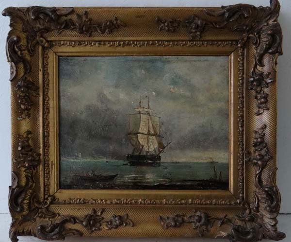 ( Early XIX ) Maritime Oil on board Moored Schooner boa: ( Early XIX ) Maritime Oil on board Moored Schooner boat / ship in Bay In an ornate gilt frame 7 1/2 x 9 1/2"