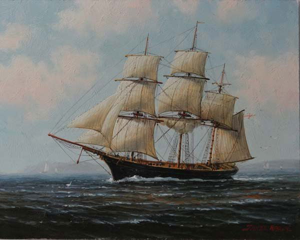 James Hardy (XX) Maritime Oil on board Merchant Barque: James Hardy (XX) Maritime Oil on board Merchant Barque ship off coast Signed lower right 8 x 10"