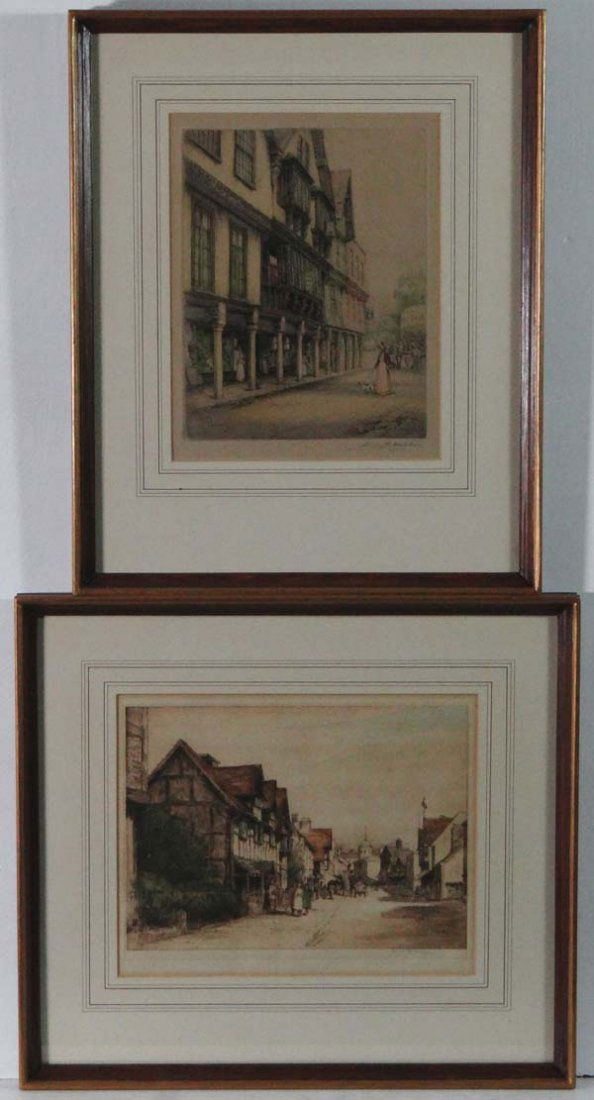 Mabel Catherine Robinson (1875-? ) Signed coloured etch: Mabel Catherine Robinson (1875-? ) Signed coloured etching Medieval High Street 9 1/4 x 11 1/22 together with another by Henry George Walker (1876-1932) Signed coloured etching Street Scene Chester 11