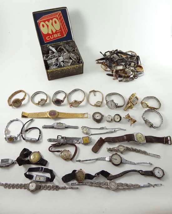 A quantity of assorted wrist watches some with 9ct gold: A quantity of assorted wrist watches some with 9ct gold and silver cases together with assorted watch bracelets, cases etc