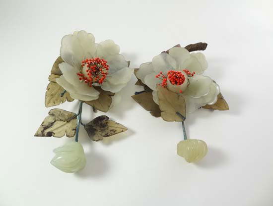 2 c.1930 Jade roses approx 8" long: 2 c.1930 Jade roses approx 8" long