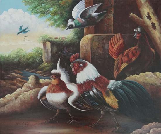XX Continental school Oil on canvas Cockerals and Pigeo: XX Continental school Oil on canvas Cockerals and Pigeons in a landscape 19 1/2 x 23 3/4"