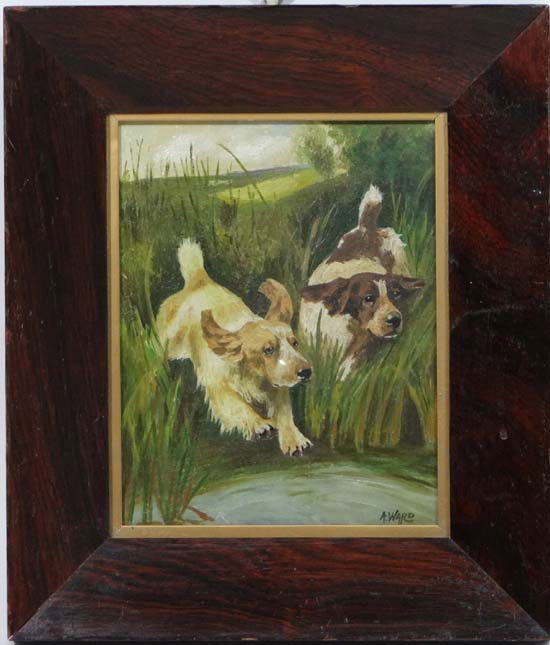 A. Ward c.1910 Oil on artists board Two spaniels on a r: A. Ward c.1910 Oil on artists board Two spaniels on a retrieve Within a rosewood frame 9 1/2 x 7 1/2"