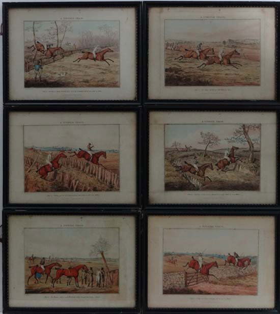 After Henry Thomas Alken 1785-1851 A set of 6 hand colo: After Henry Thomas Alken 1785-1851 A set of 6 hand coloured engravings published 1827 A steeple chase P1 The Start - off they go with white for choice P2 Getting over an Old blind - roadway and doing
