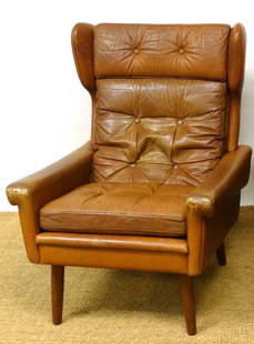 Vintage Retro : a Danish Skipper Furniture Ltd high bac: Vintage Retro : a Danish Skipper Furniture Ltd high back stitched brown leather Wing back chair 40" high