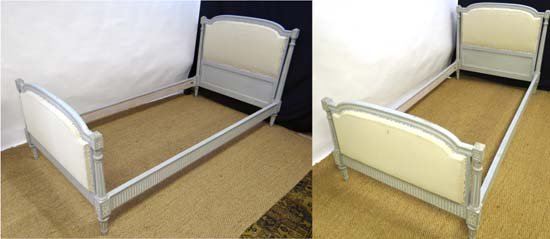 A pair of painted single Louis XV style beds with padde: A pair of painted single Louis XV style beds with padded head and footboards each 42" wide