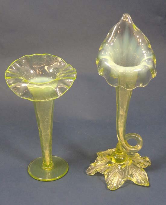 Vaseline Glass : two old yellow vases both in the manne: Vaseline Glass : two old yellow vases both in the manner of a ' Jack -in-the -Pulpit' , the tallest 7 3/4" high