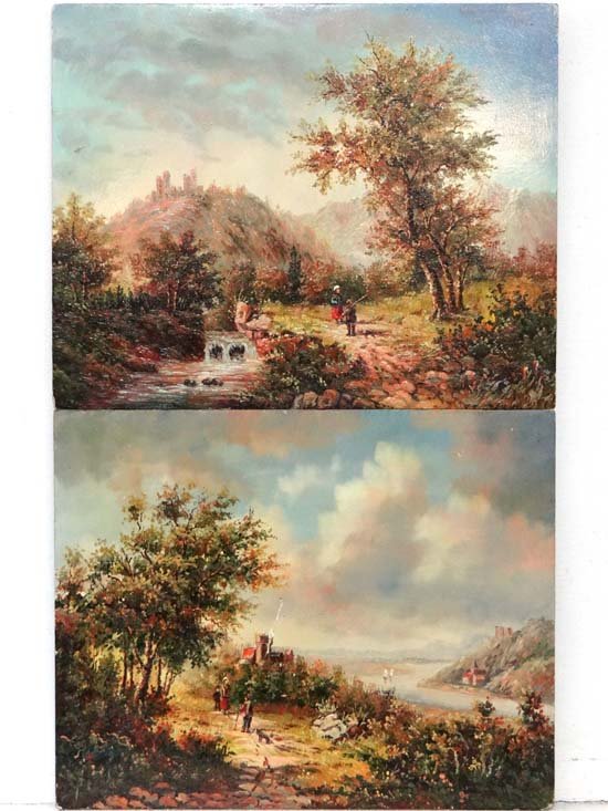 Continental School XX Pair of oils on wooden panels Riv: Continental School XX Pair of oils on wooden panels River views with figures and castles Both 8 x 10"