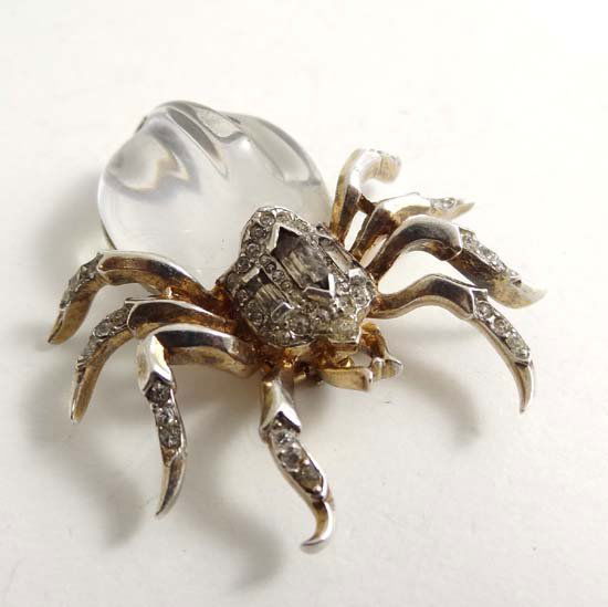 Vintage Costume Jewellery : A mid 20thC Trifari silver : Vintage Costume Jewellery : A mid 20thC Trifari silver brooch formed as a spider with paste decoration and ' jelly belly ' body with 2 spike clip and marked Trifari , Sterling with Des. Pat. No. 13519