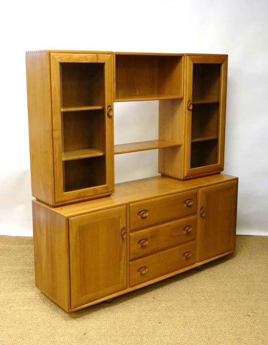 Vintage Retro : Ercol Blonde wood, a Windsor Sideboard: Vintage Retro : Ercol Blonde wood, a Windsor Sideboard with display cabinet ( no. 455D ) 63 3/4 x 61" wide.