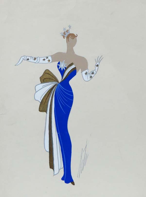 Romain De Tirtoff ( Erte ) (1892- 1990) French Russian: Romain De Tirtoff ( Erte ) (1892- 1990) French Russian Gouache Theatrical Costume Design Stage Costume Named ' Chartreuse ' verso Signed lower right on water marked paper marked 'AUSSREDAT et Cie A AN